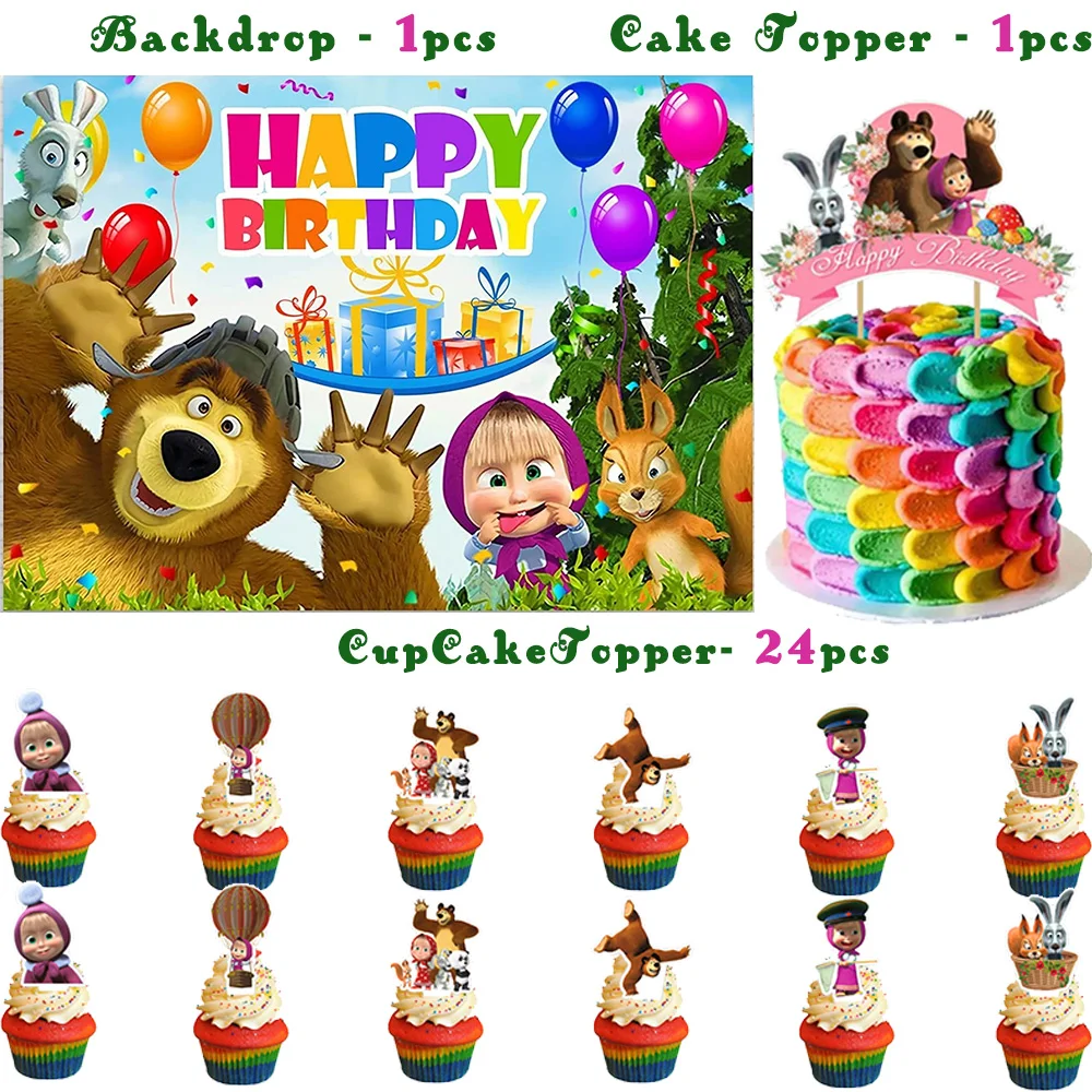 Mascha und der Bär Geburtstagsparty Banner Luftballons Teller Becher Servietten Tischdecke Mädchen Cartoon Partyzubehör Dekoration Babyparty – Detail 15