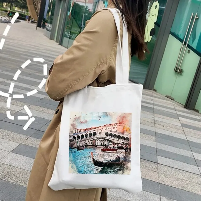 女性のための水彩画のショルダーバッグ、女の子のキャンバスハンドバッグ、トッパー、eco shopper、london、madrd、moscow、moscow