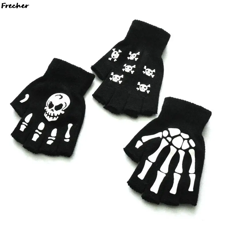 Mitaines d'Halloween pour Adultes, Gants d'Hiver Demi-Doigt, Squelette, Crâne, Brille dans la Nuit, Sans Doigts, 1 Paire