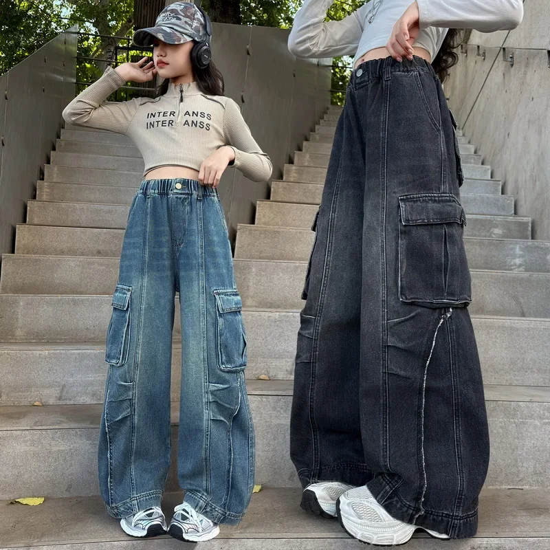 

Teenage Girls Jeans with Loose and Patchwork High Waist Kids Fashion Blue Denim Cargo Pants 2026 Hot Sale Wide Leg Trousers
