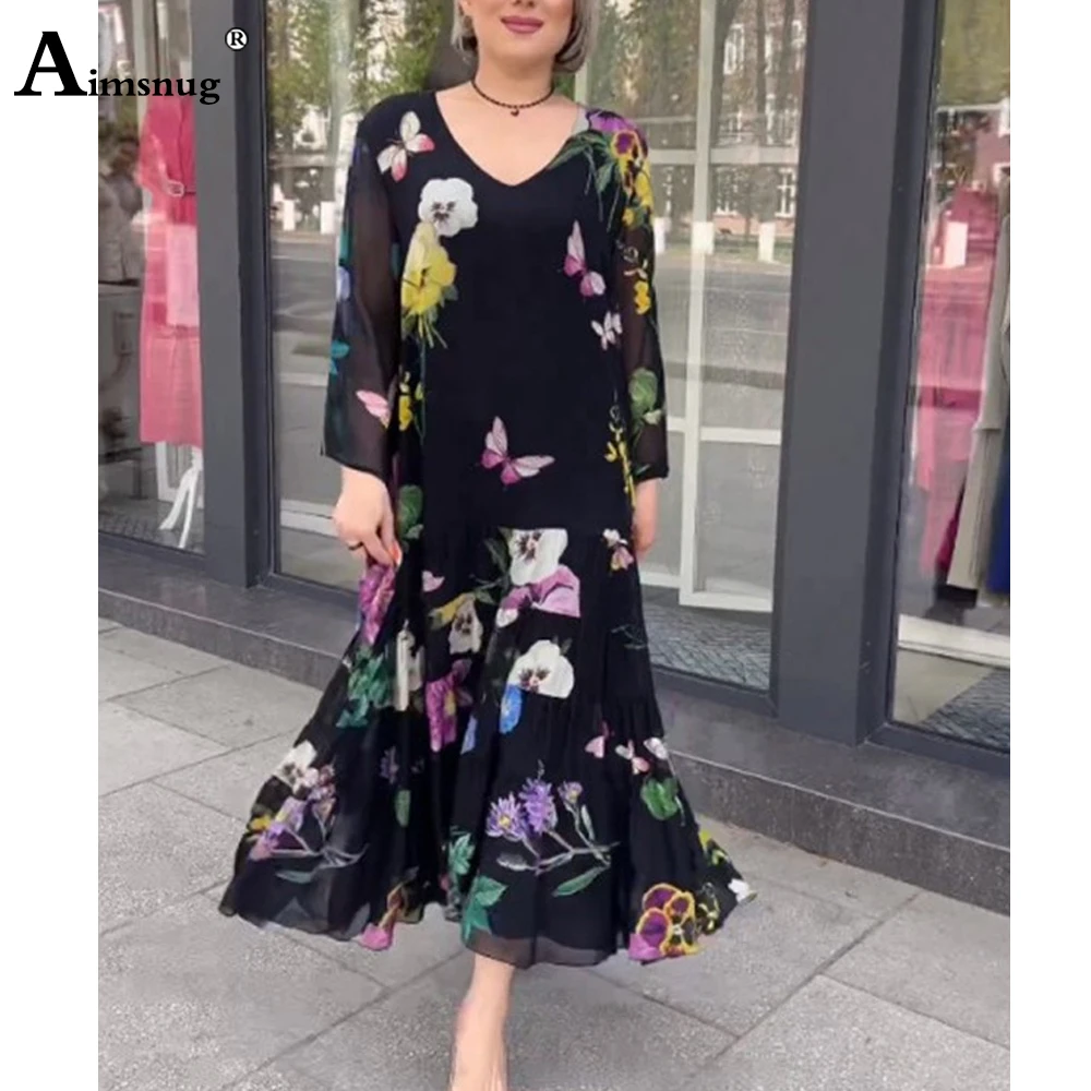 Women Long Sleeves A-line Chiffon Party Dress Plus Size Female Boho Flower Print Befree Dress Ladies Elegant Long Maxi Dresses