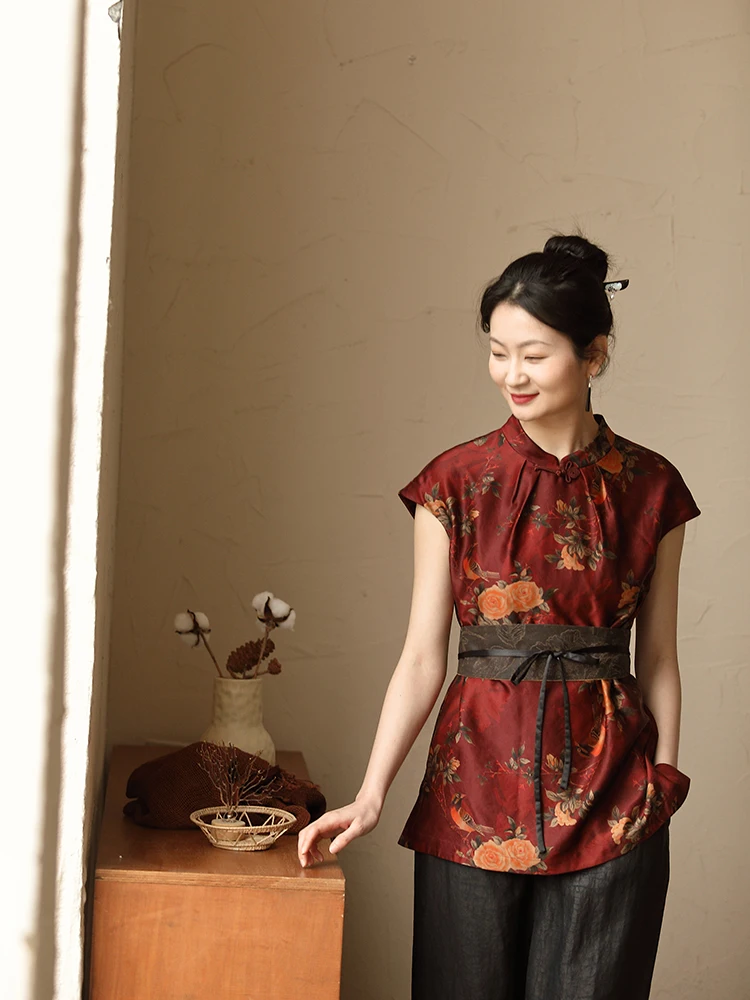 

Limited Edition Original Design Silk Satin Top New National Sle Retro Print ort Sve Stand Collar Regular Fit
