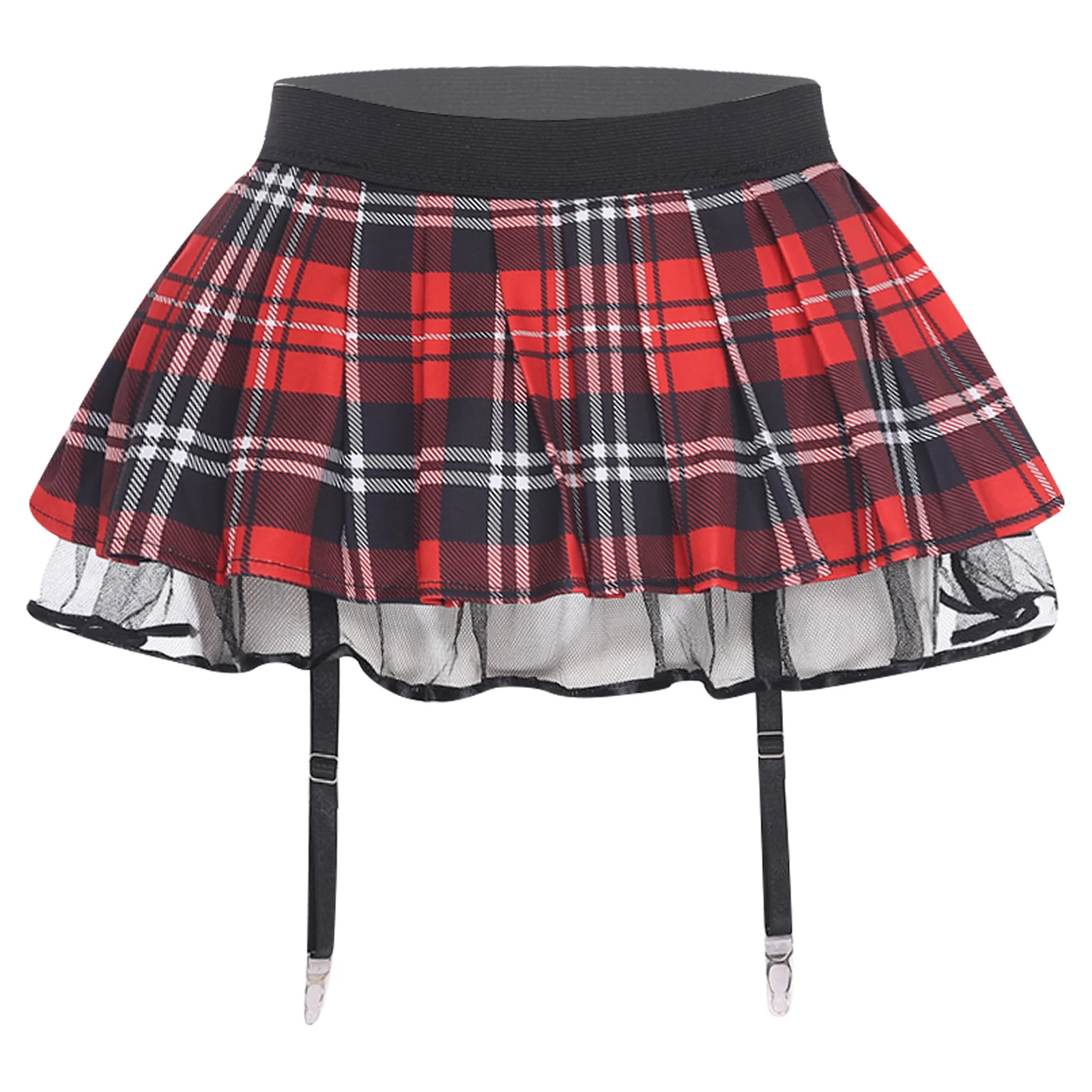 Jupe de cosplay d'écolière pour femmes, jupe en tulle à plusieurs couches, taille élastique, plissée à carreaux, mini-jupe avec jarretelles, lingerie de boîte de nuit