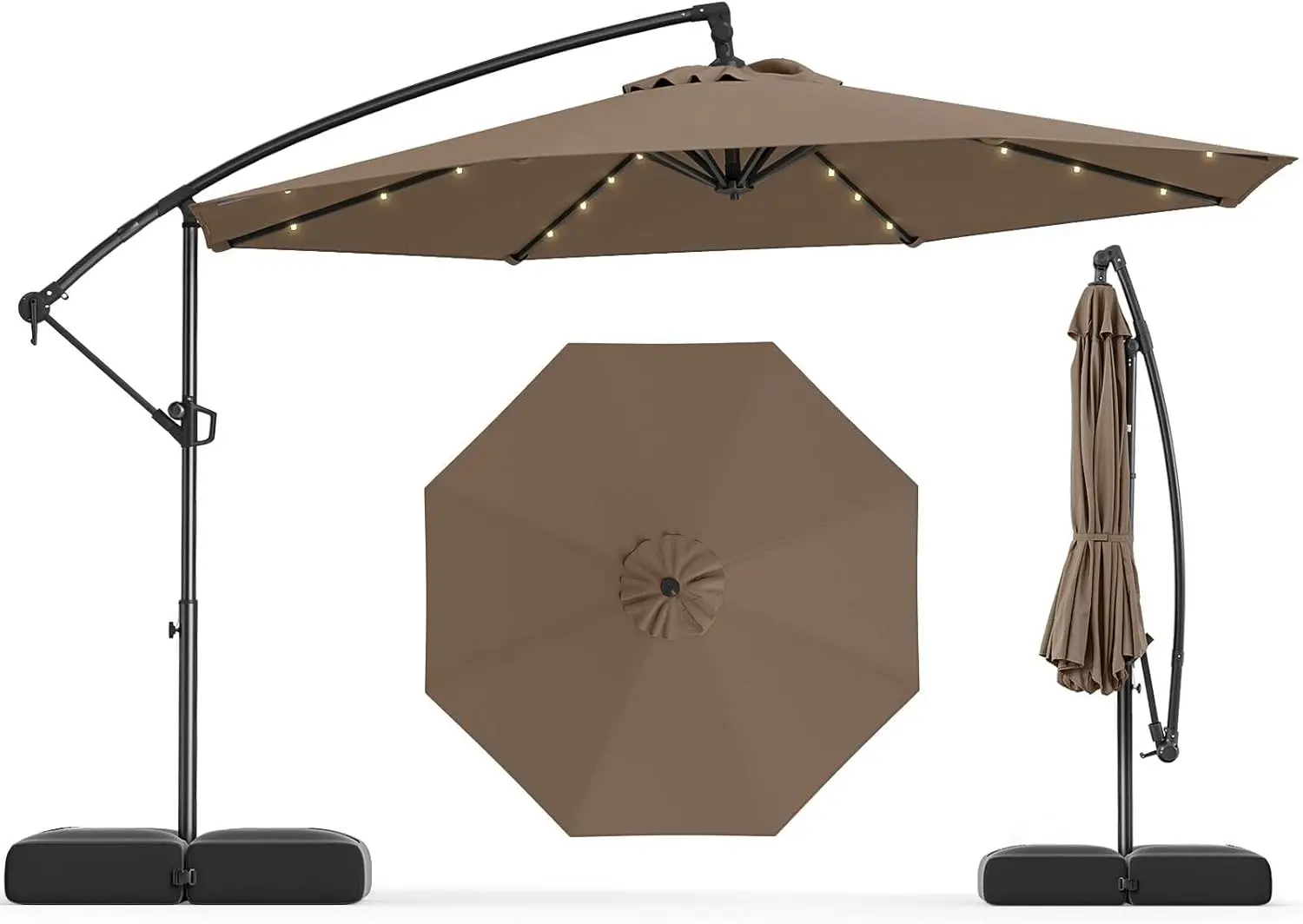 

Offset Hanging Umbrella with Base, Patio Cantilever Umbrella w/ 32 LED Lights, Infinite Tilt, 360° Rotation, Crank Handle, Sun-P