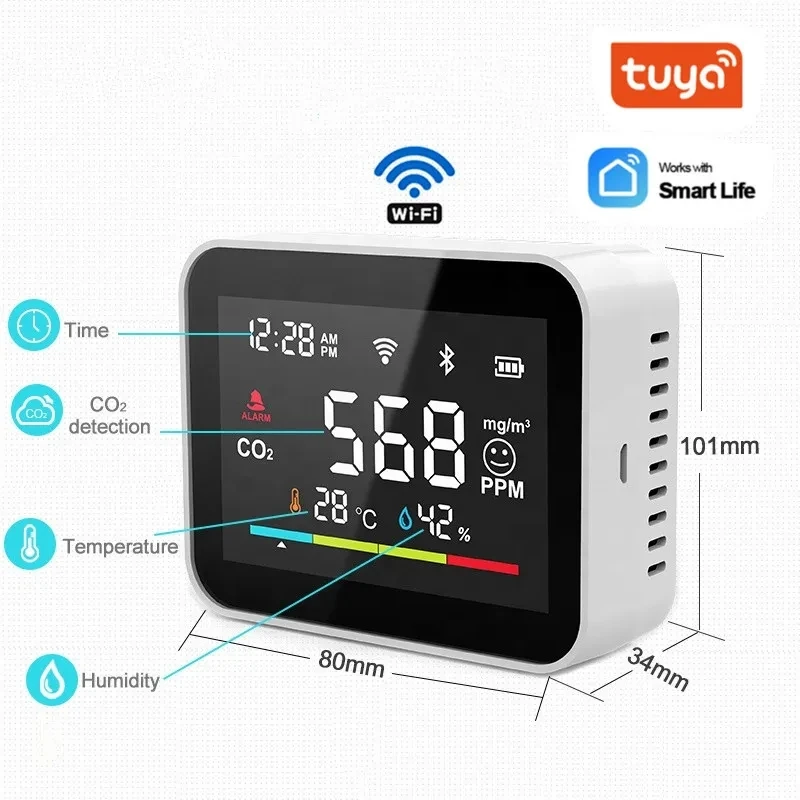 Tuya Wi-Fi 스마트 CO2 계량기 박스, 정확한 실시간 실내 연기 경보 감지기, 환풍기, 코로나 안전 이산화탄소 센서 