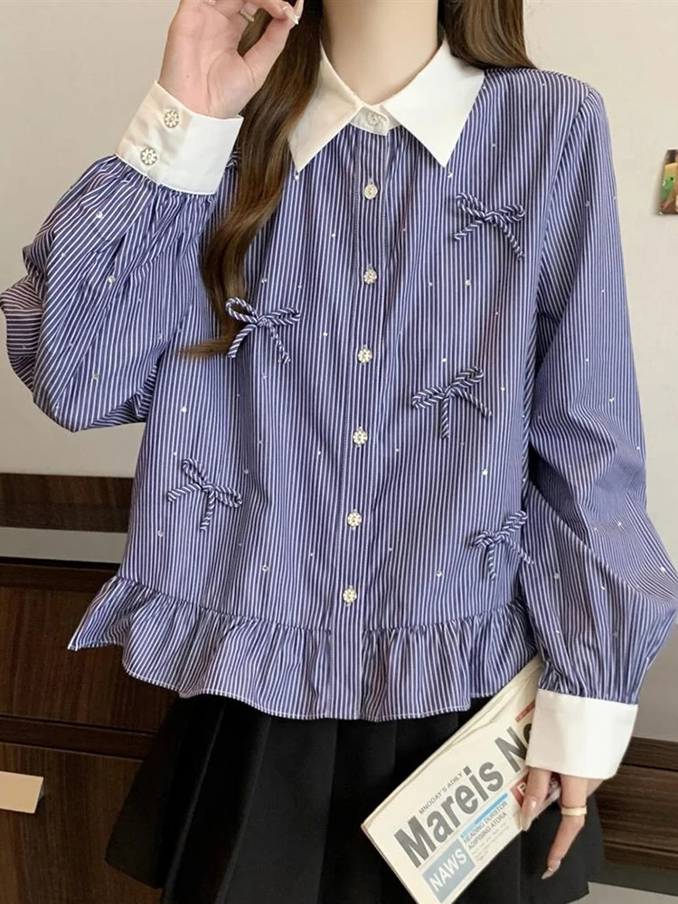 Zoki Fashion Bow Striped Shirts Women Preppy Style Long Sleeve Sweet Blouse Korean New Casual Female Design Loose Spring Tops