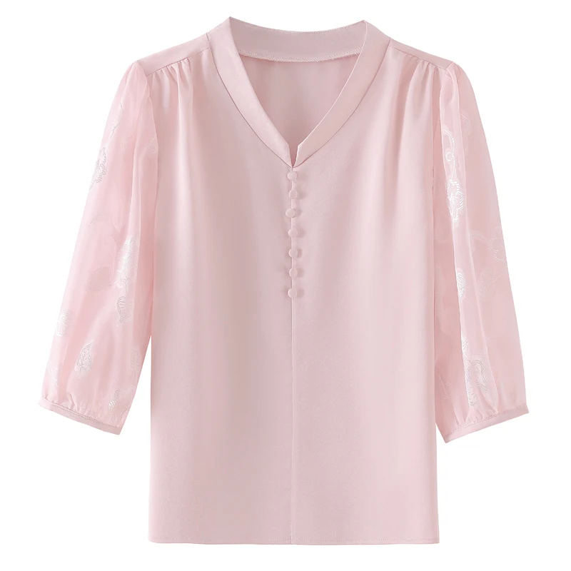 2025 Spring Summer Women Tops Patchwork Silk Chiffon Blouse 3/4 Sleeve Elegant Fashion Office Lady Jacquard Shirt Blusa - Image 3