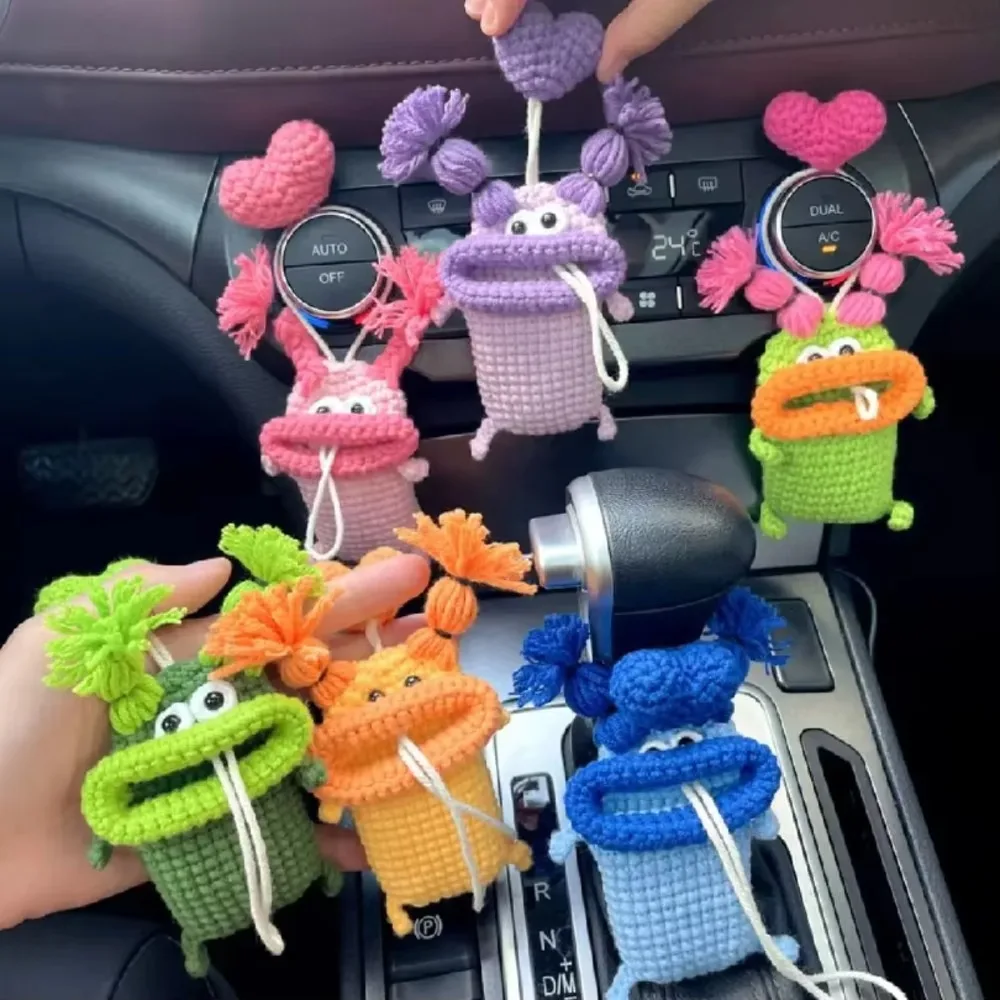 Handmade Crochet Wool Sausage Mouth Car Key Cover Cute Cartoon Pull-out Key Bag Wear Resistant Car Key Protector Keychain Access