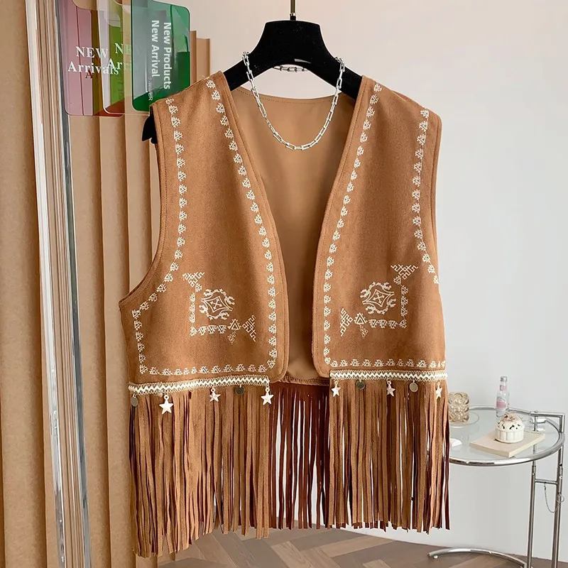 

Корейский замшевый жилет с вышивкой, женский, с бахромой, топ-кардиган, верхняя одежда, весна-лето