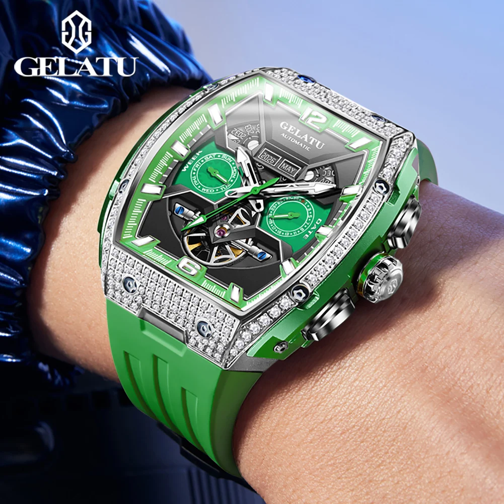 GELATU Automatic Mechanical Watch for Men Hollow Out Waterproof Silicone Strap Multifunctional Wristwatch Man 2024 NEW