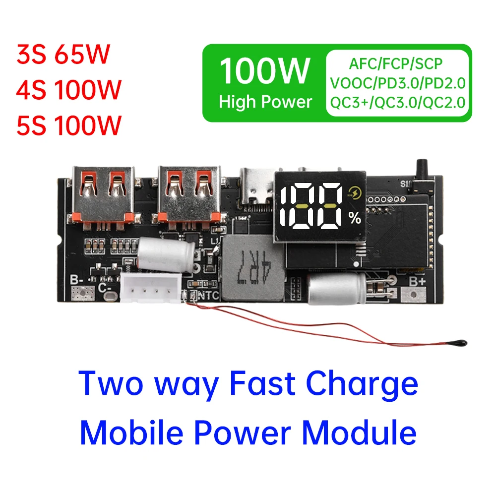 3S PD 65W 4S 5S PD 100W Bidirectional Fast Charging Module DIY Mobile Power Motherboard Temperature Control Electricity Display