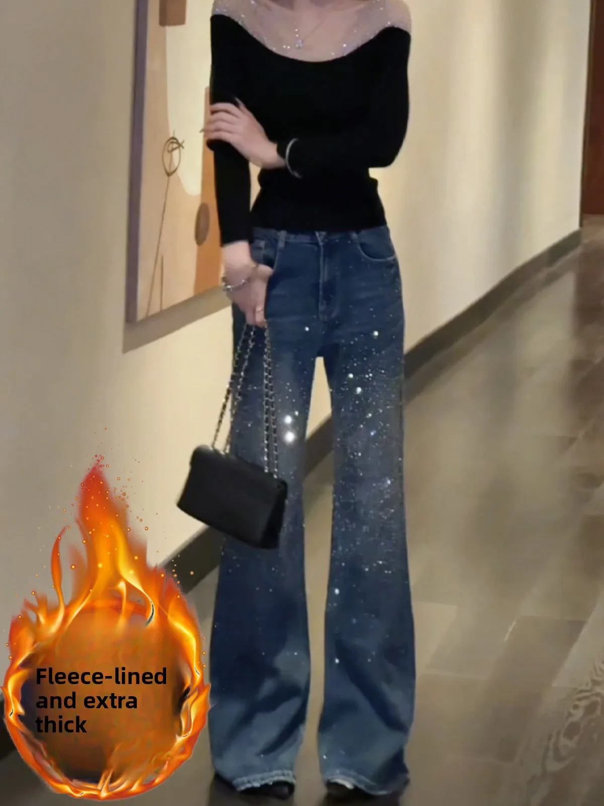 

Retro Blue Rhinestone Embellied Fce Lined Slim Fit High Waist Denim Jeans for Women Spring Narrow Version Slimming Pants