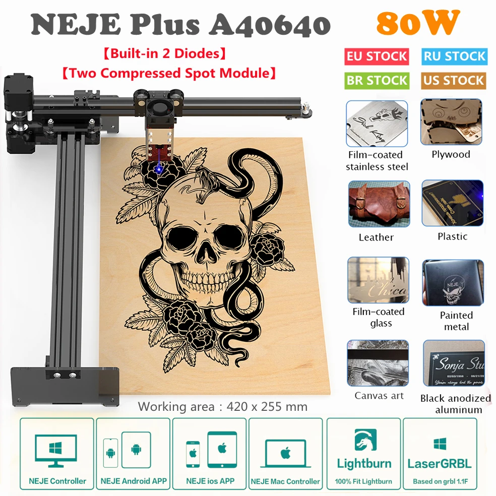 NEJE 3 Plus A40640 80W CNC Wood Laser Cutter Metal Engraver Stainless Steel Engraving Tool With Bluetooth APP Control Lightburn