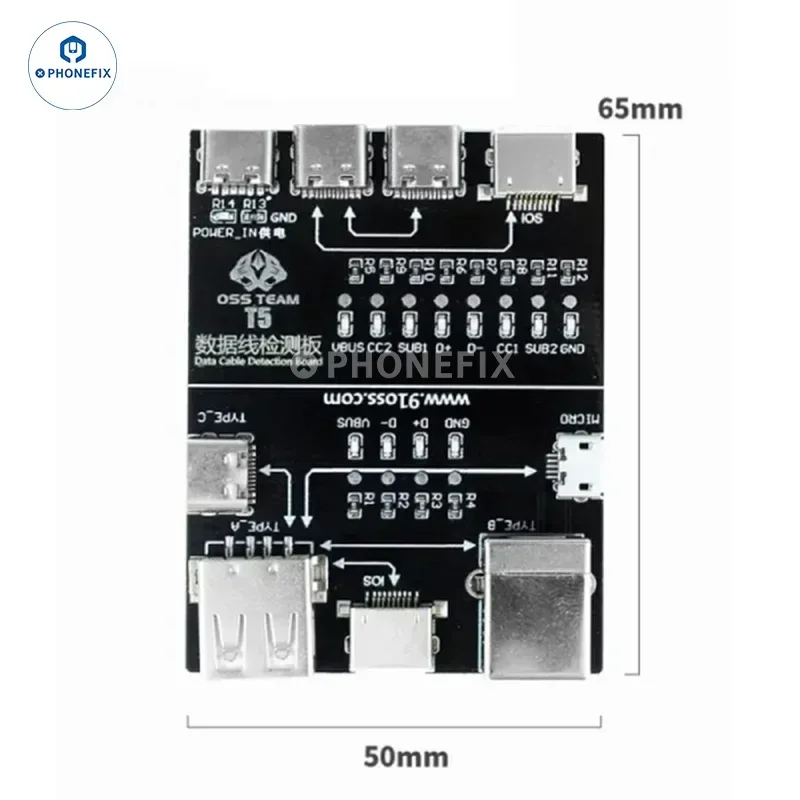 OSS T5 On-Off Data Cable Detection Board for IOS Android Lightning/Type-C/Micro/USB Data Line Abnormal Testing Rapid Detector