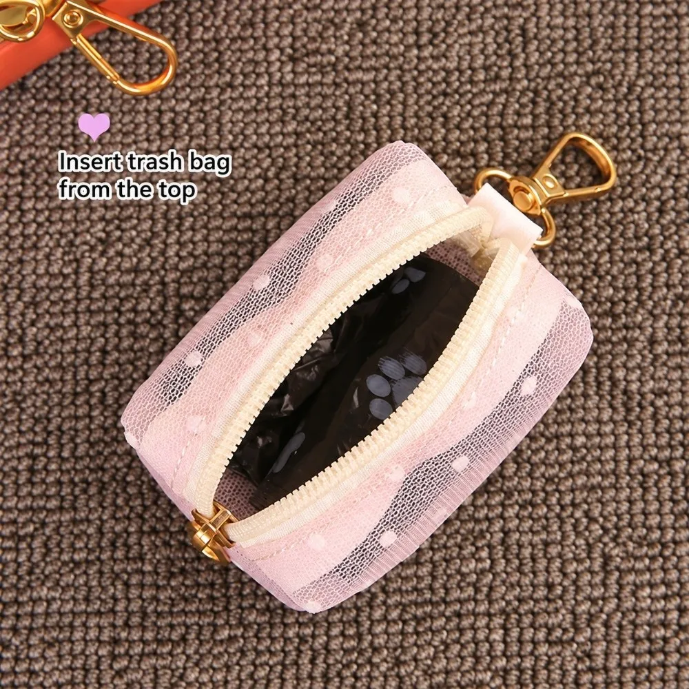 Lace Mesh Poop Bag Dispenser Mini Size Portable Waste Bag Pouch Zipper Closure Carabiner Clip Pet Waste Bag Holder Pet Accessory