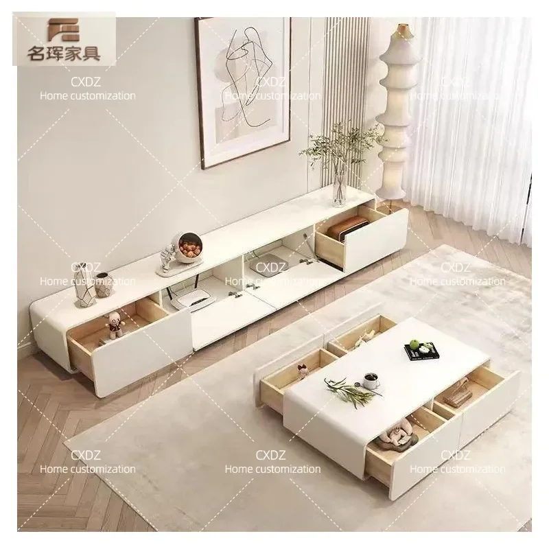 Modern Cream Style Flip Door TV Cabinet with Hollow Back Design Floor Standing Integrated Media Console Storage Unit