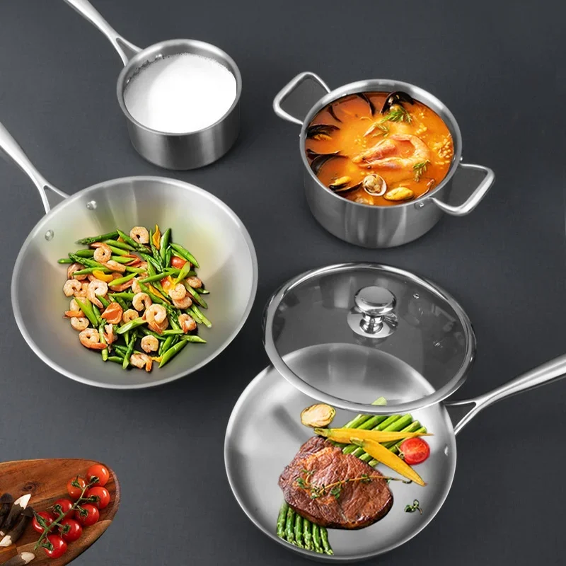 Health Cooking Pure Titanium Non-Stick Flat Pan Cookware Set Full Kitchenware Including Soup Pot Frying Skillet Milk Pot and Wok