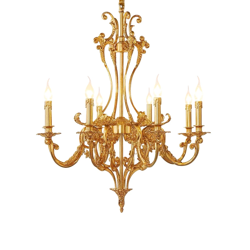 

European Brass Chandeliers Living Room Dinning Bedroom Entryway Stairwell Lighting French Copper Candle Pendant Light