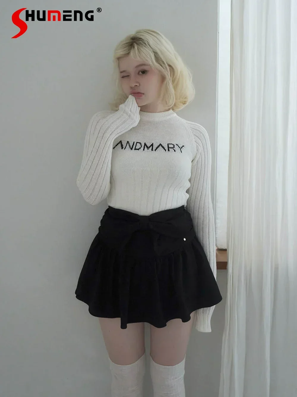 

Весенне-осенний свитер 202, милый элегантный вязаный пуловер в японском стиле с вышивкой букв, повседневный базовый повседневный вязаный топ для девочек