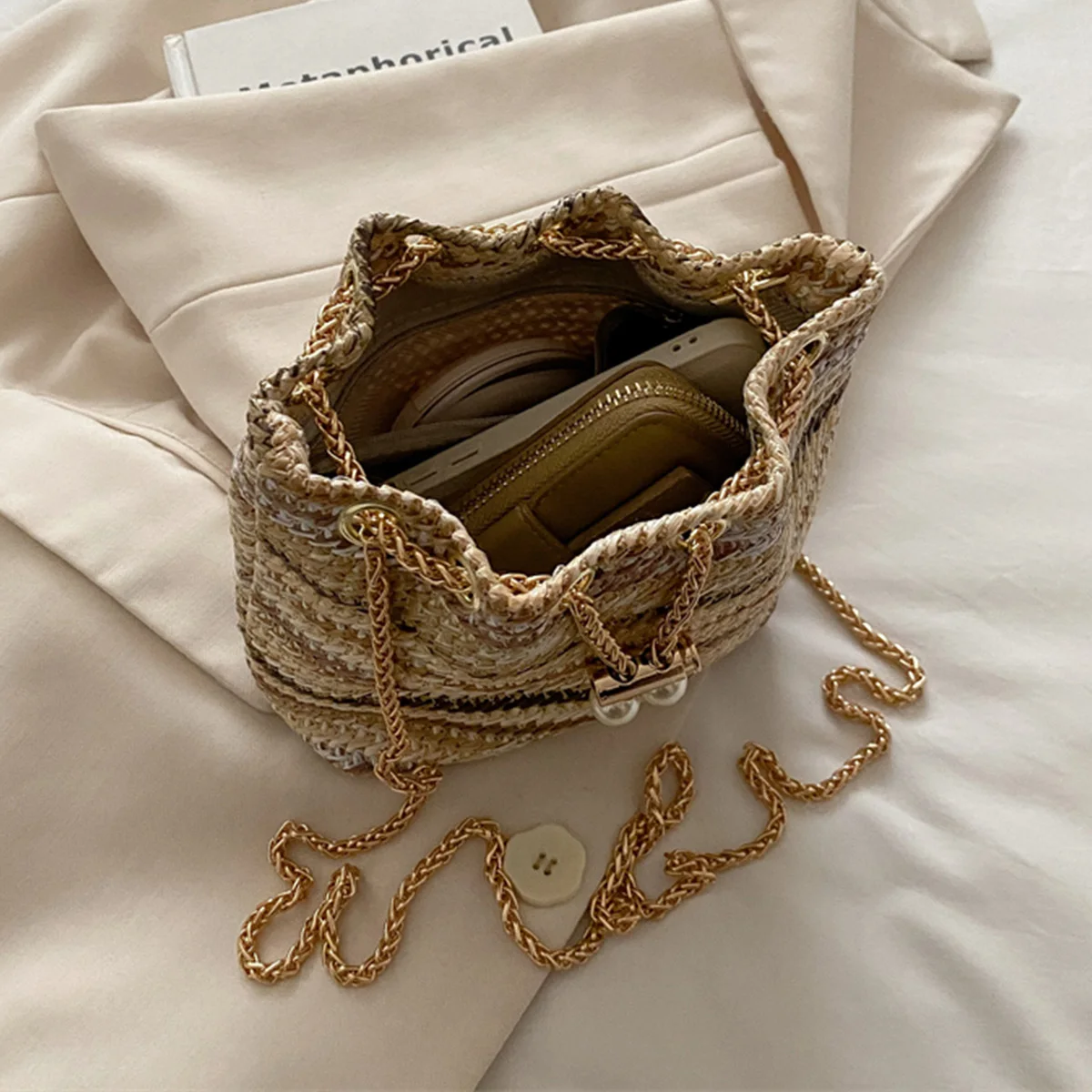 Bohemian Vacation Damen-Umhängetasche, gewebte Colorblock-Ketten-Streifen-Bucket-Bag, leichte Schultertasche mit verstellbarem Riemen – Detail 4