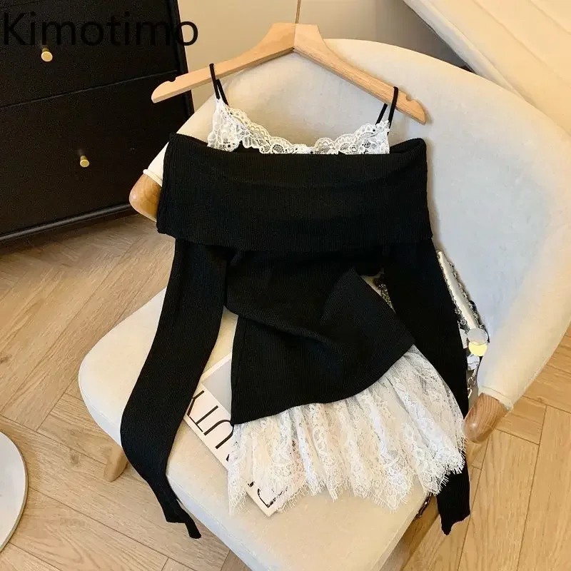 Kimotimo One Shoulder Long Sleeve Pullover Women Spring Autumn Lace Vest Camis 2 Piece Sets Korean Temperament Slim Knit Sweater