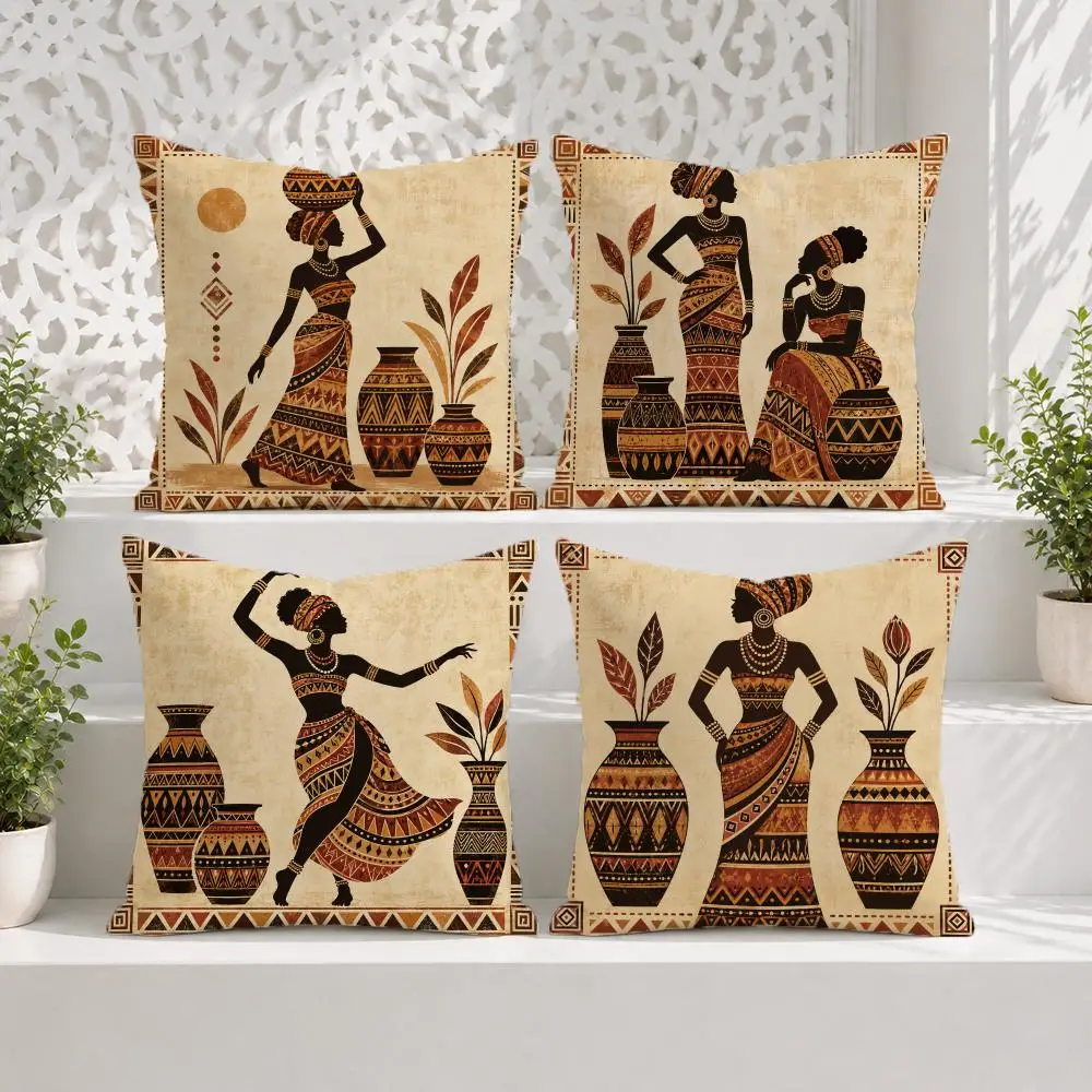 Traditional Culture African Women Cushion Cover 1/4PCS Soft Short Plush Print Throw Pillow Case For Sofa Bed Home Decor