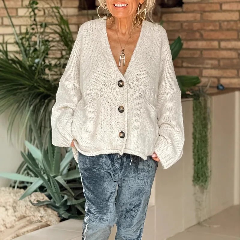 

Women's Cardigan V-neck Sweater Jacket 2025 Autumn and Winter New Loose and Thin Knitted Outer Long-sleeved Top