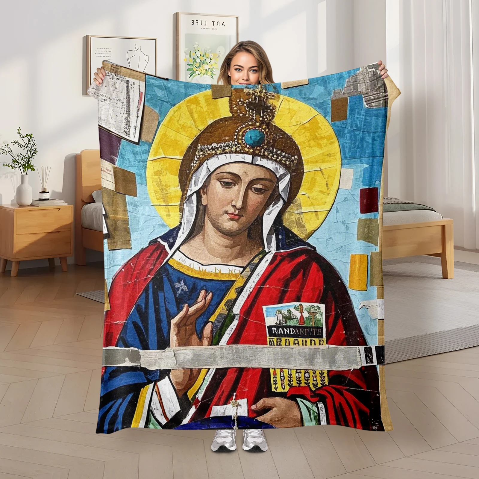 Artistic Blanket Merging Virgin Mary, Halo, Attire And Ribbon, Thoughtful Gift Adding Serenity And Charm To Any Space