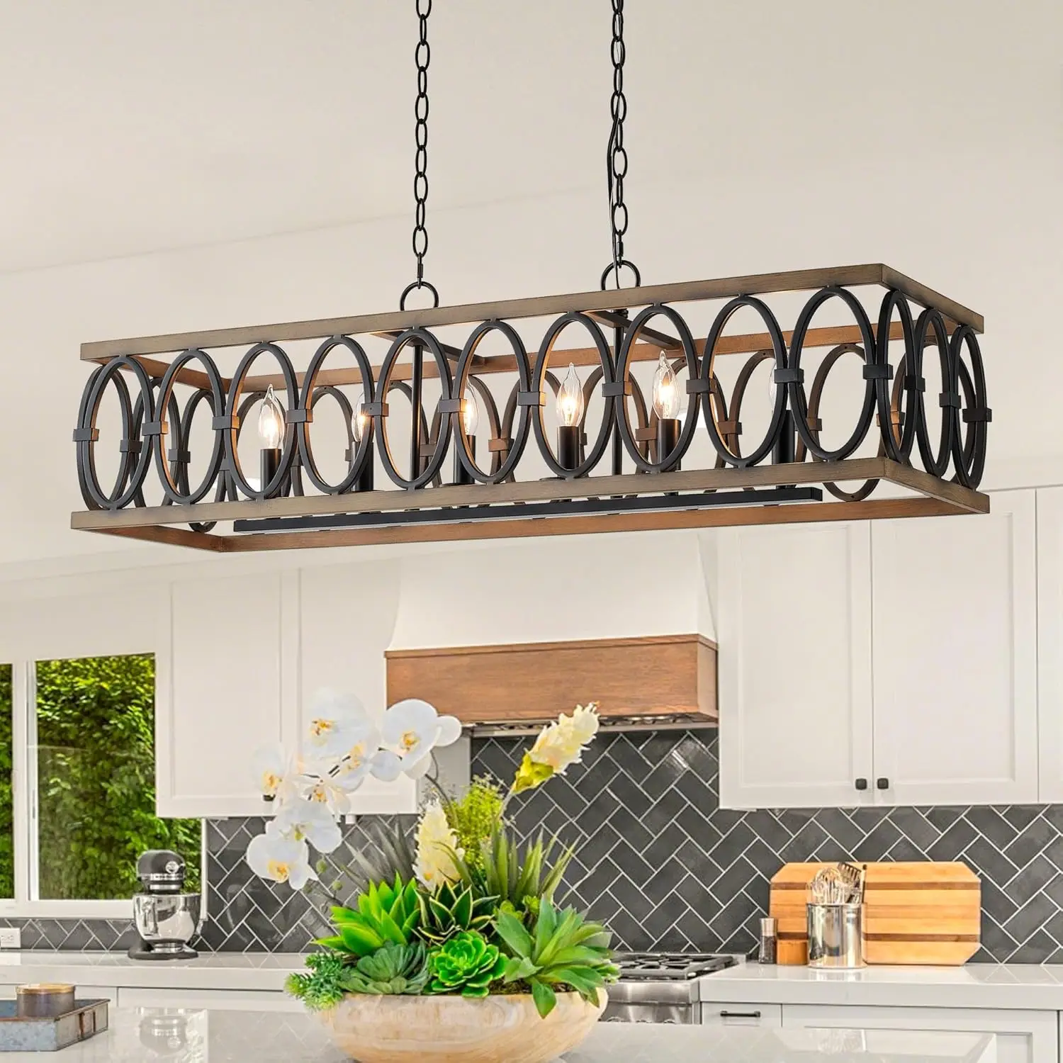 

Rustic Farmhouse Rectangle Chandelier for Dining Room Kitchen Island Lights Cage Pendant Light Fixture Black and Brown Metal