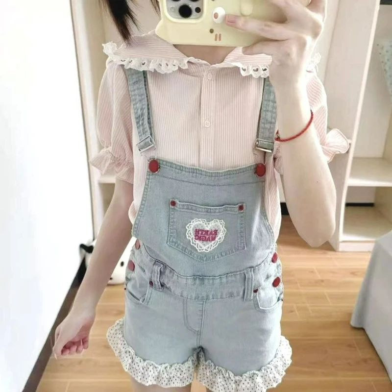 

Japanese Kawaii Lolita Style Denim Shorts Women Sweet Cartoon Embroidery Lace Short Pants Harajuku Casual Cute Overalls Shorts