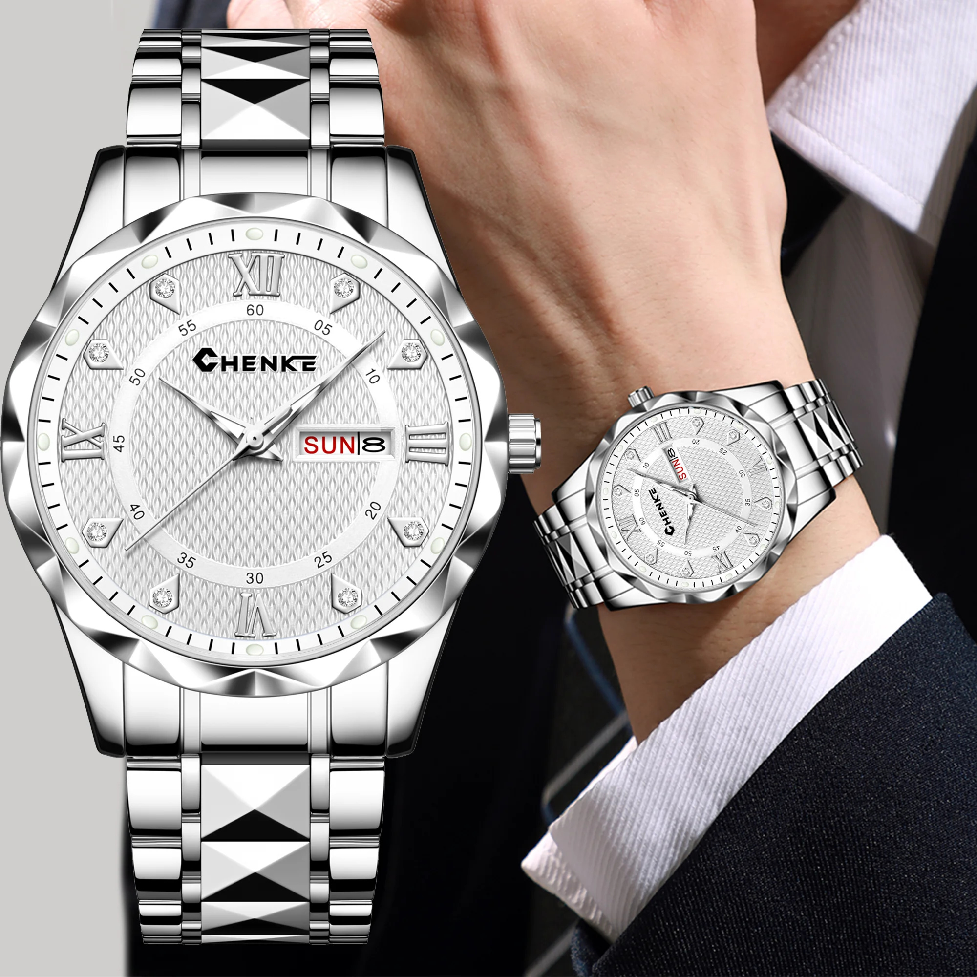 

Stylish men’s steel-strap bracelet watch with a large dial, suitable for business and leisure, water-resistant quartz watch
