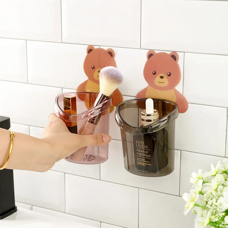 Teddy Bear Wall Mounted Toothbrush Holder Cup Punch Free Storage Rack Bathroom Supplies Organizer Bathroom Accessories