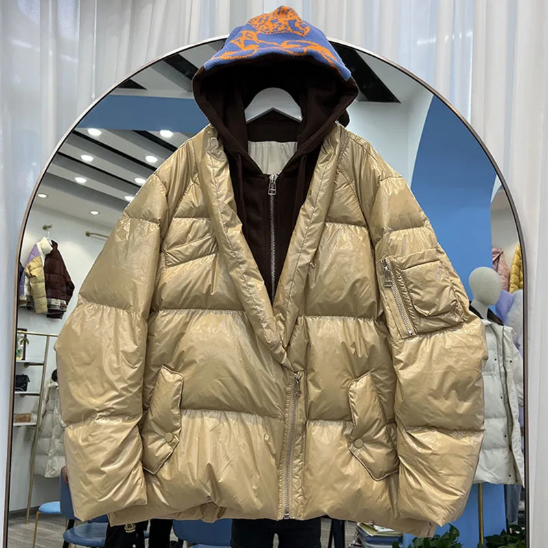 2023 Vintage Women\'s Short Down Jacket Winter New Hooded Parka Fake Two Korean  Puffer Coat Loose Overcoat Female Bread Clothes