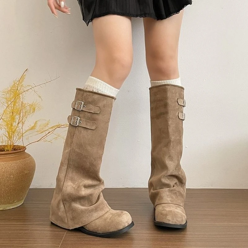 Y2K Korean Style Retro Knee‑high Boots Women Belt Buckle Decor Round Toe Solid Color Autumn Winter Casual Party Fashion Shoes - view 2