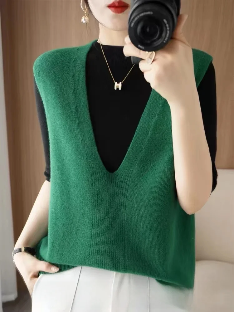 

Женский вязаный шерстяной жилет V-Ne, верхняя одежда, свитер Camere Svel, модный корейский Sle, маленькая накладка на плечо