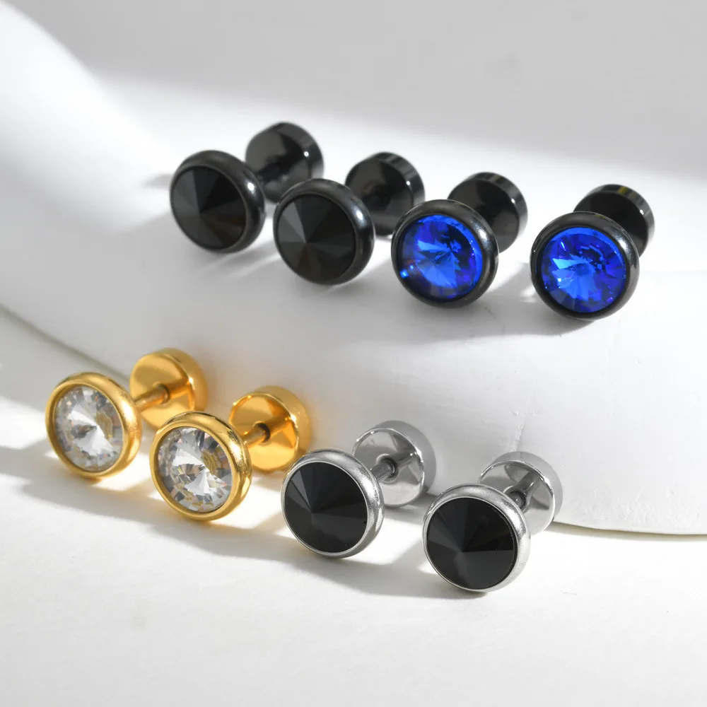Vnox Multi-faced Cut Zircon Stone Earrings for Men, Screw Back Stud Barbell Shaped Earrings, Black Stainless Steel Jewelry