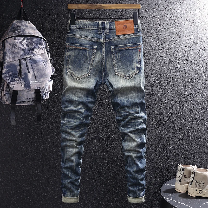 Fashion Designer Men Jeans High Quality Retro Washed Blue Elastic Slim Fit Ripped Jeans Men Trousers Vintage Denim Pants Hombre