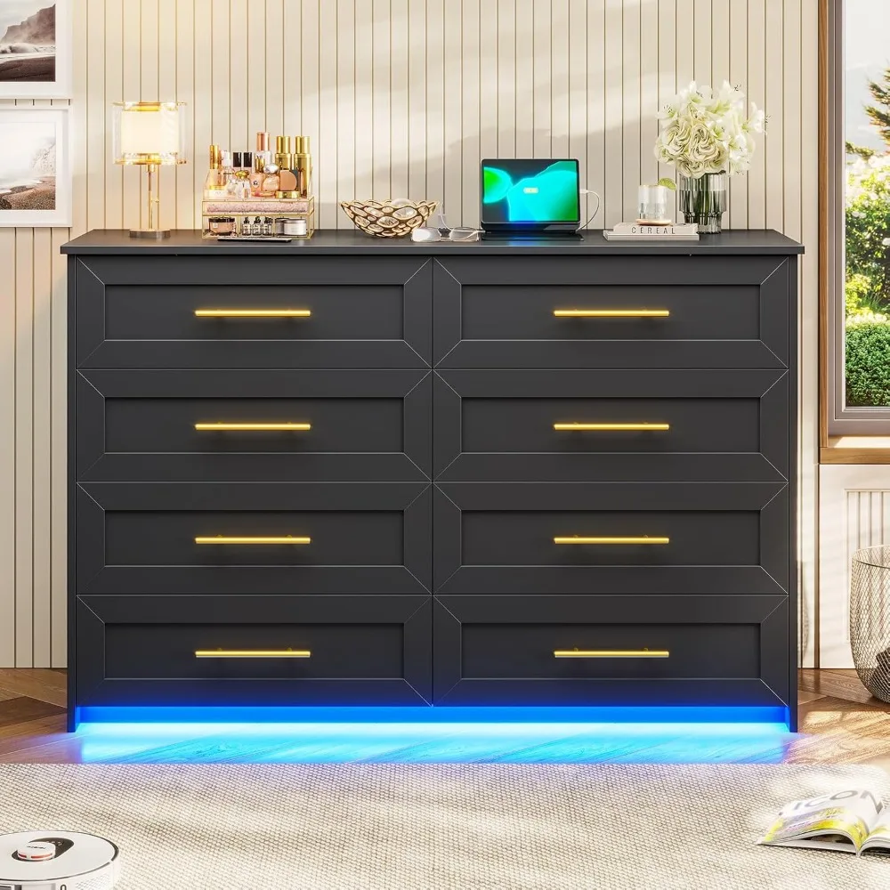 

Dresser for Bedroom with Charging Station, Black Dresser with 8 Drawers, Modern Bedroom Led Wood Tall Dresser for Bedroom