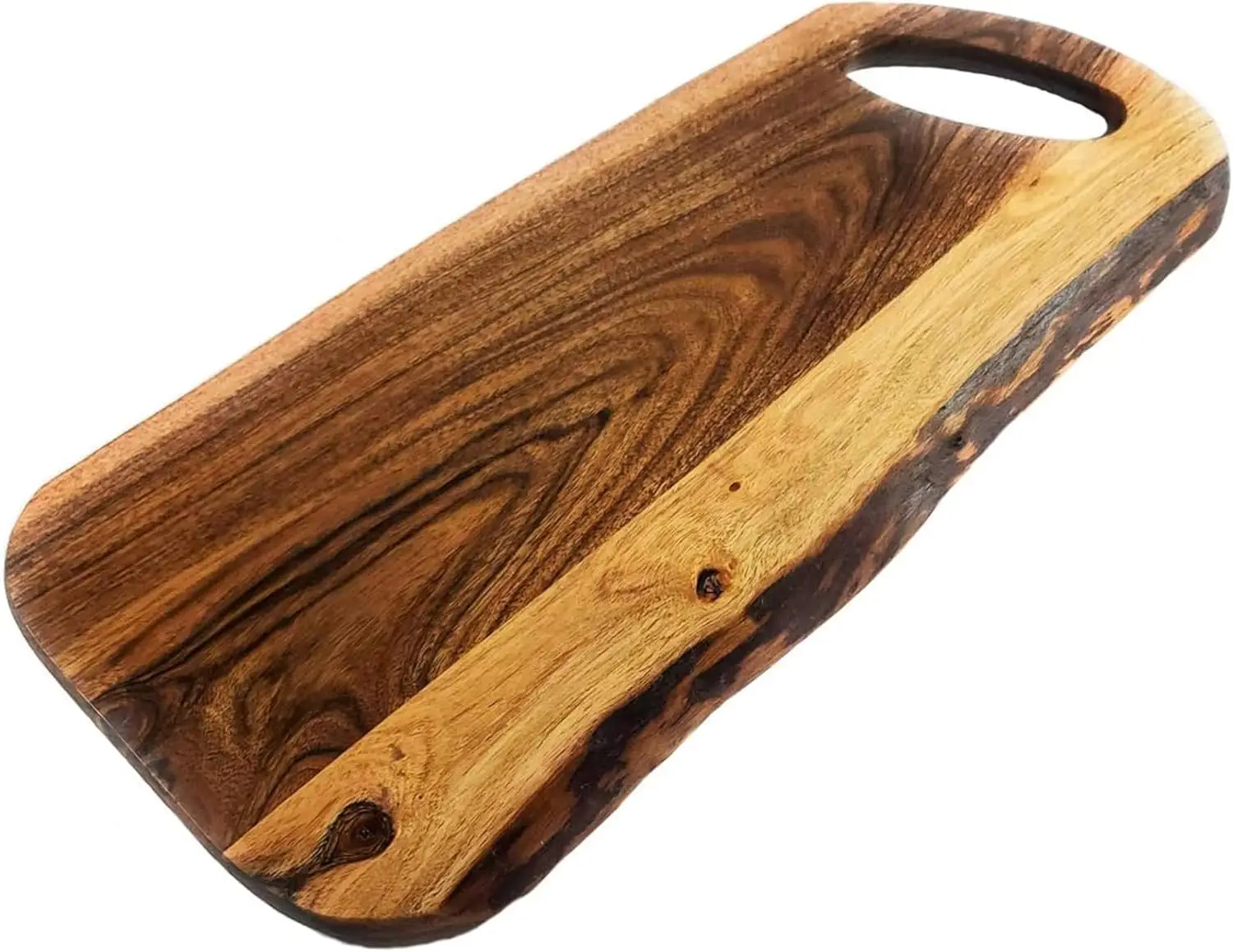 

Acacia Charcuterie Board with Natural Live Edge & Round Handle - Wood Cheese Board - Decorative Wooden Serving & Cutting