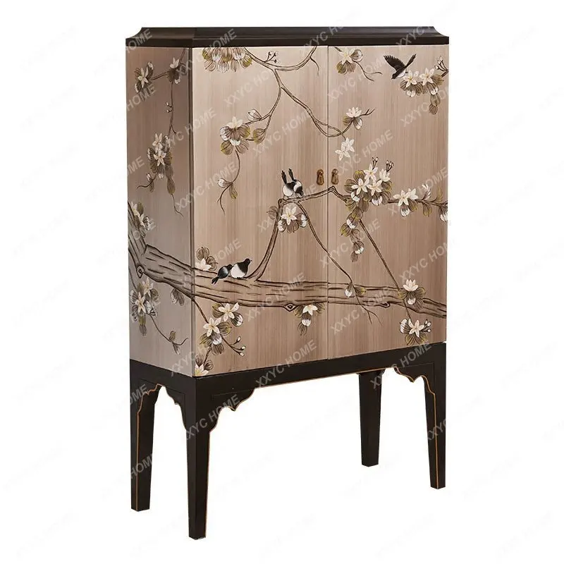 

Solid Wood Painted Flower Bird Double Door Wine Cabinet Living Room Wall Side Cabinet TV Cabinet Side Decoration High Cabinet