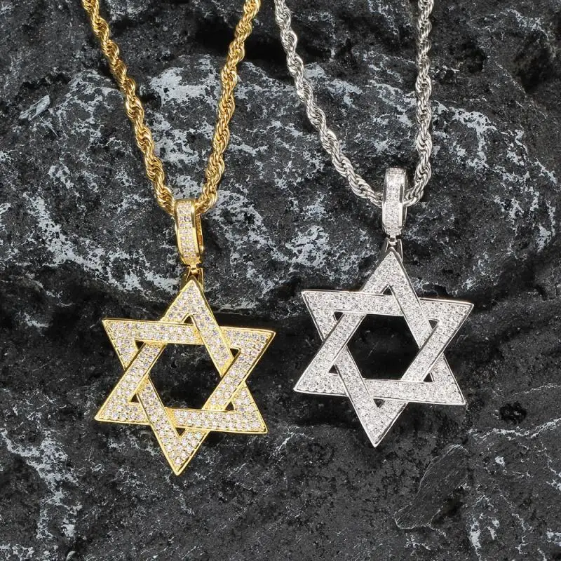 

Hip Hop Iced Out Cz Stone Star of David Hexagram Pendant Necklace Men\\\'s Trend Israel Jewish Jewelry Gift