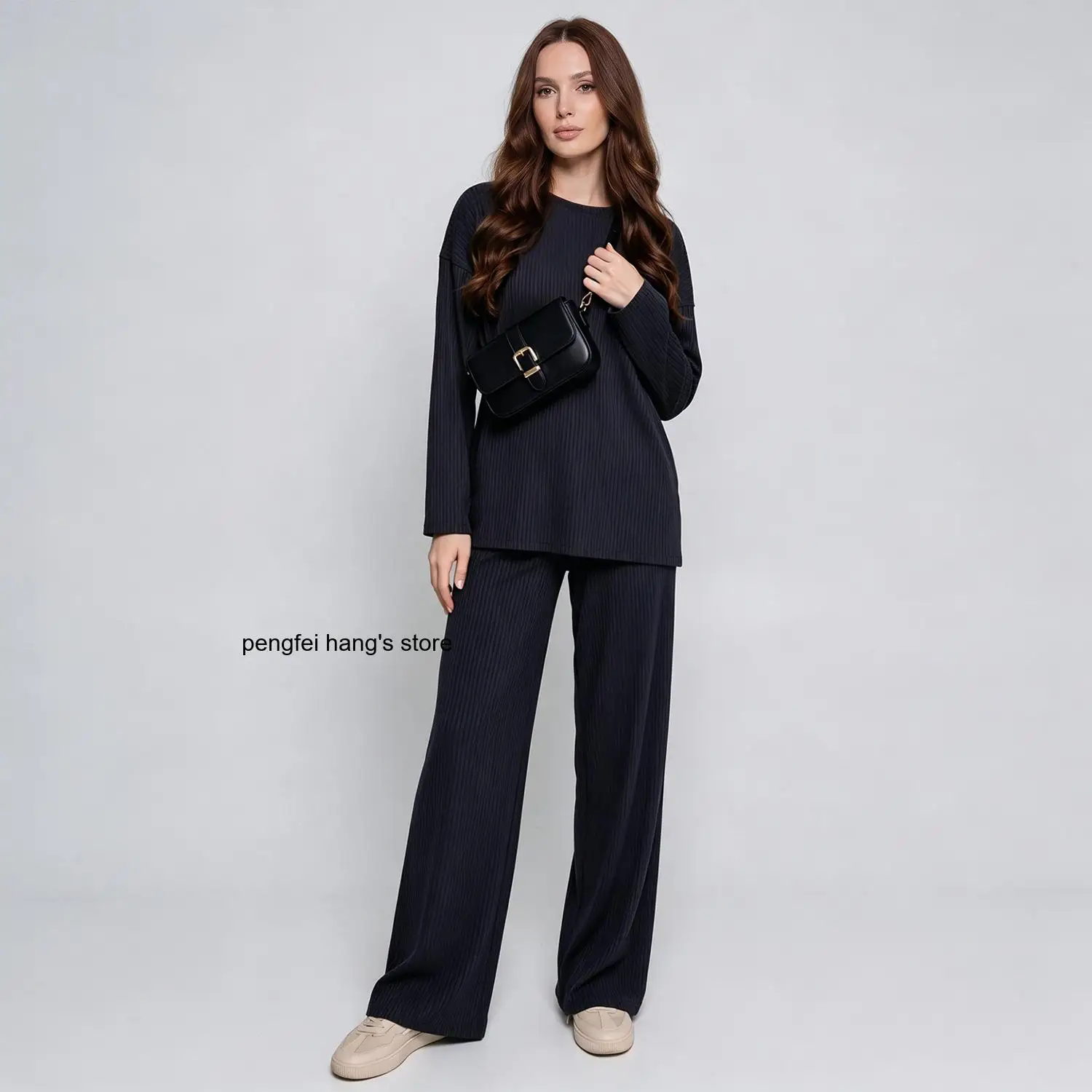 Fashion Ribbed Knit Women Pajama 2 Piece Set Soft Loungewear Home Sleepwear Top and Pants Outfit