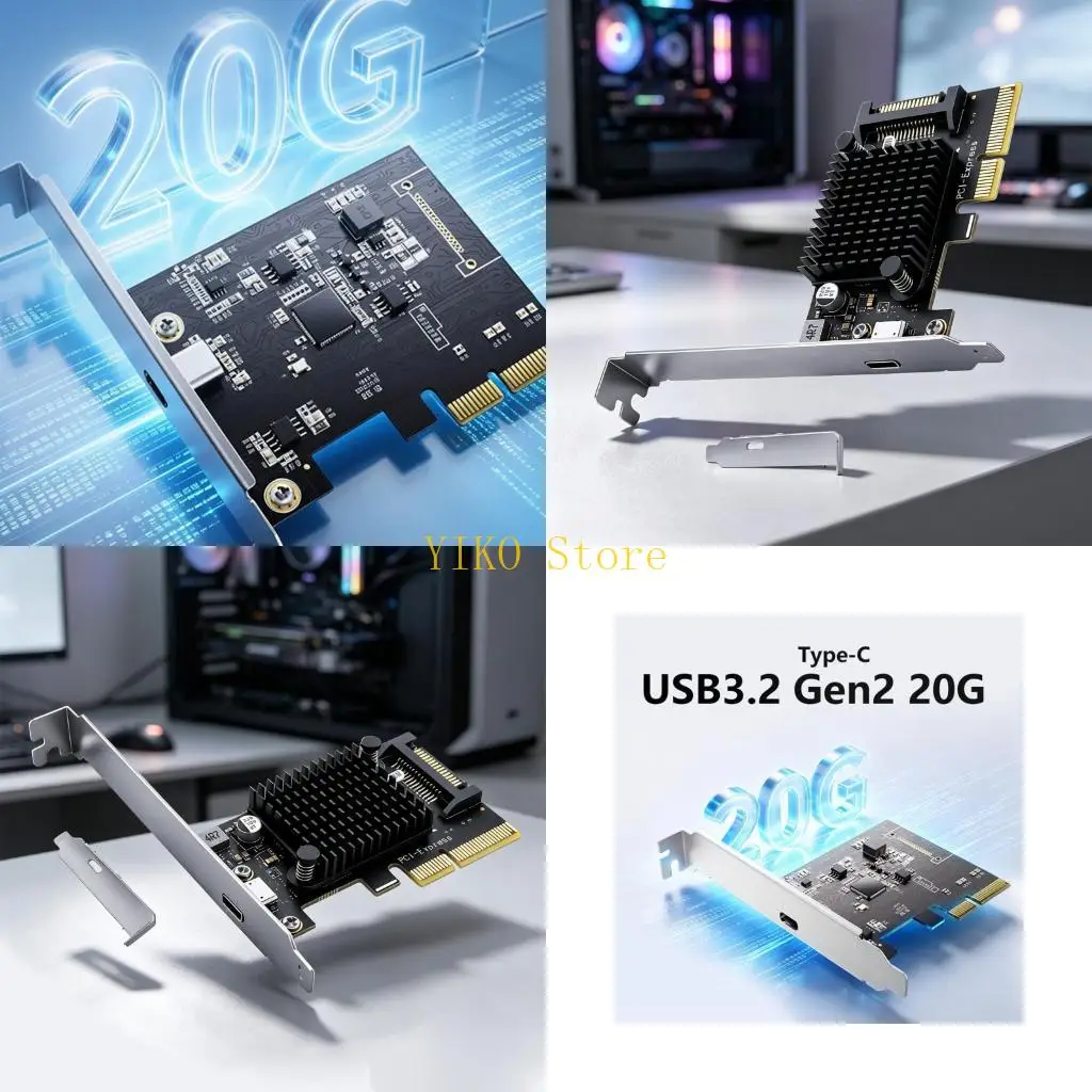 K32C PCIeX4 to USB3.2 Desktop Expansion Card, PCIe Add-In Board with 20Gbps Throughput, Cooling Sink, Short Plate and Tall Plate
