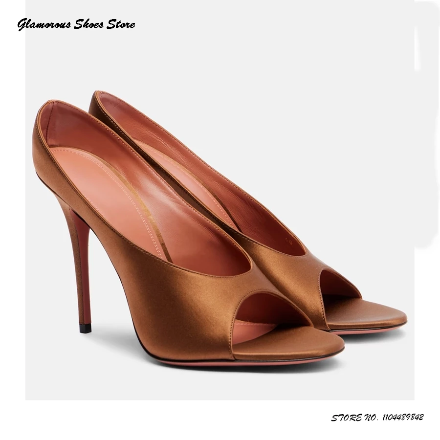 

Elegant High Heel Satin Mules Women's Round Open Toe Thin Heels Party Dress Shoes 2025 Spring Summer Pull On Fashion Slippers