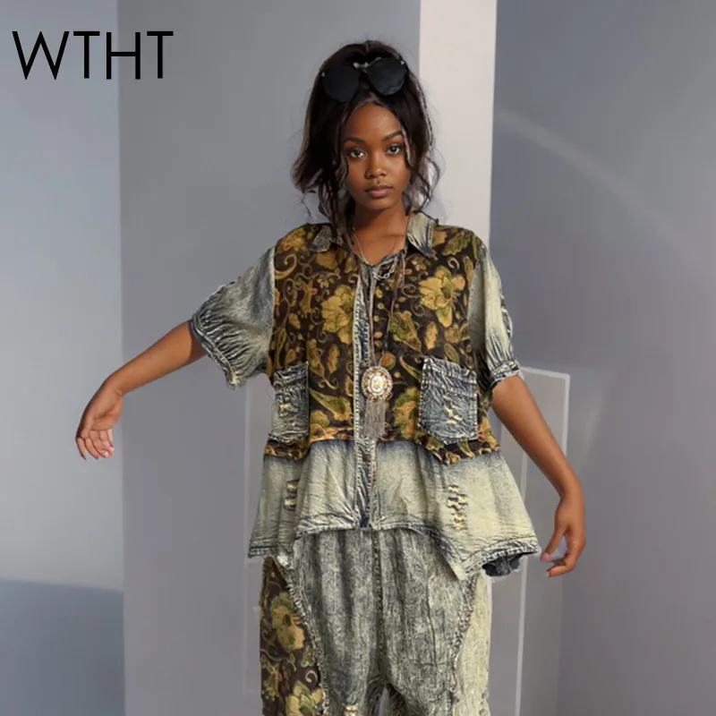 

WTHT Fashion Women Spliced Vintage Print Loose Shirt 2025 Summer Trendy Lapel Short Sleeve Single Breasted Blouse Female 1LS2088