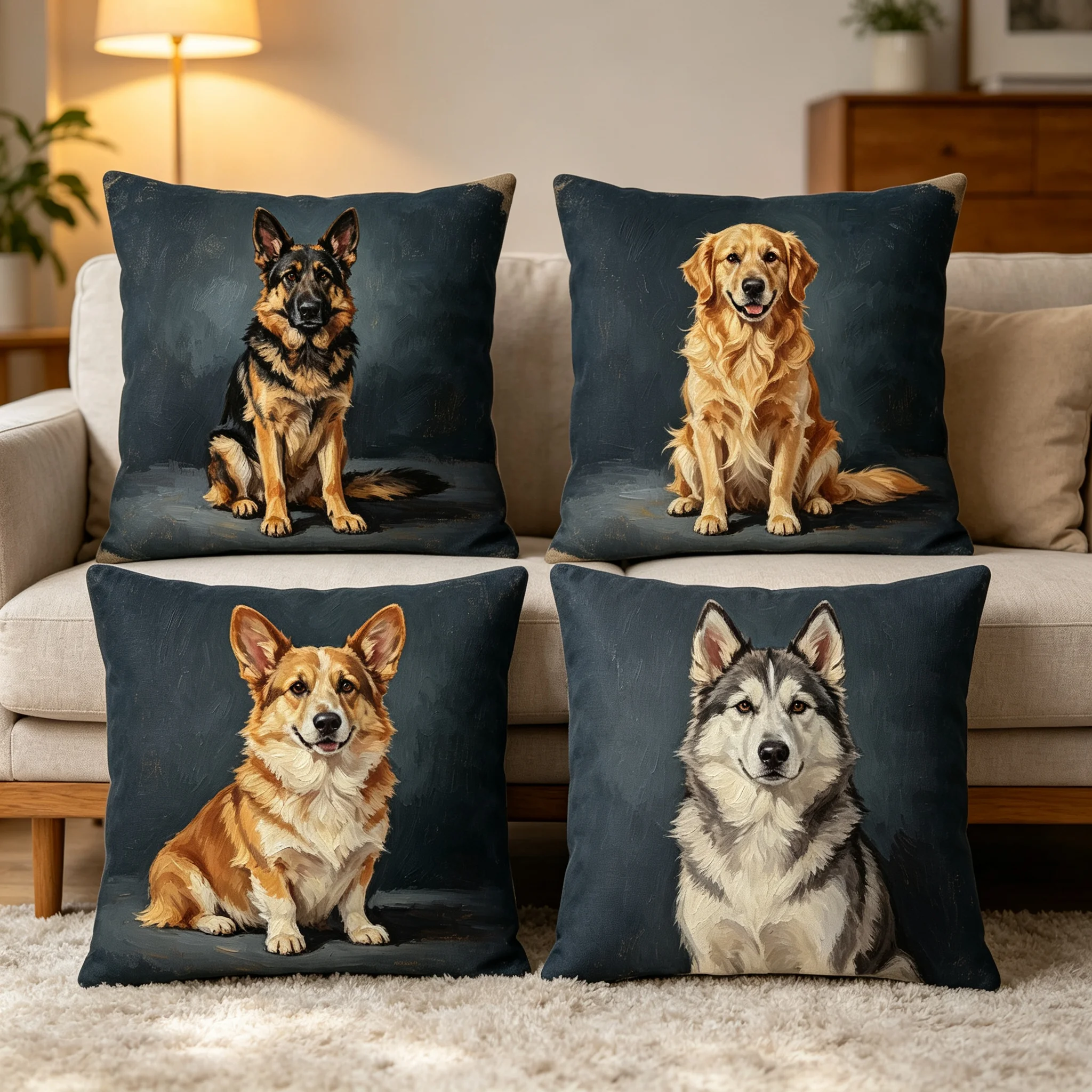 4Pcs Dog Throw Pillow Covers German Shepherd Golden Retriever Corgi Husky Pet Portrait Cushion Cases for Sofa Living Decor