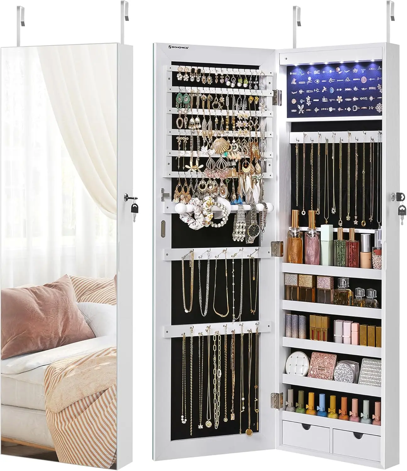 

Wall-Mounted Jewelry Cabinet with LED Lights, Full-Length Mirror, Large Storage Organizer for Necklaces Earrings Rings