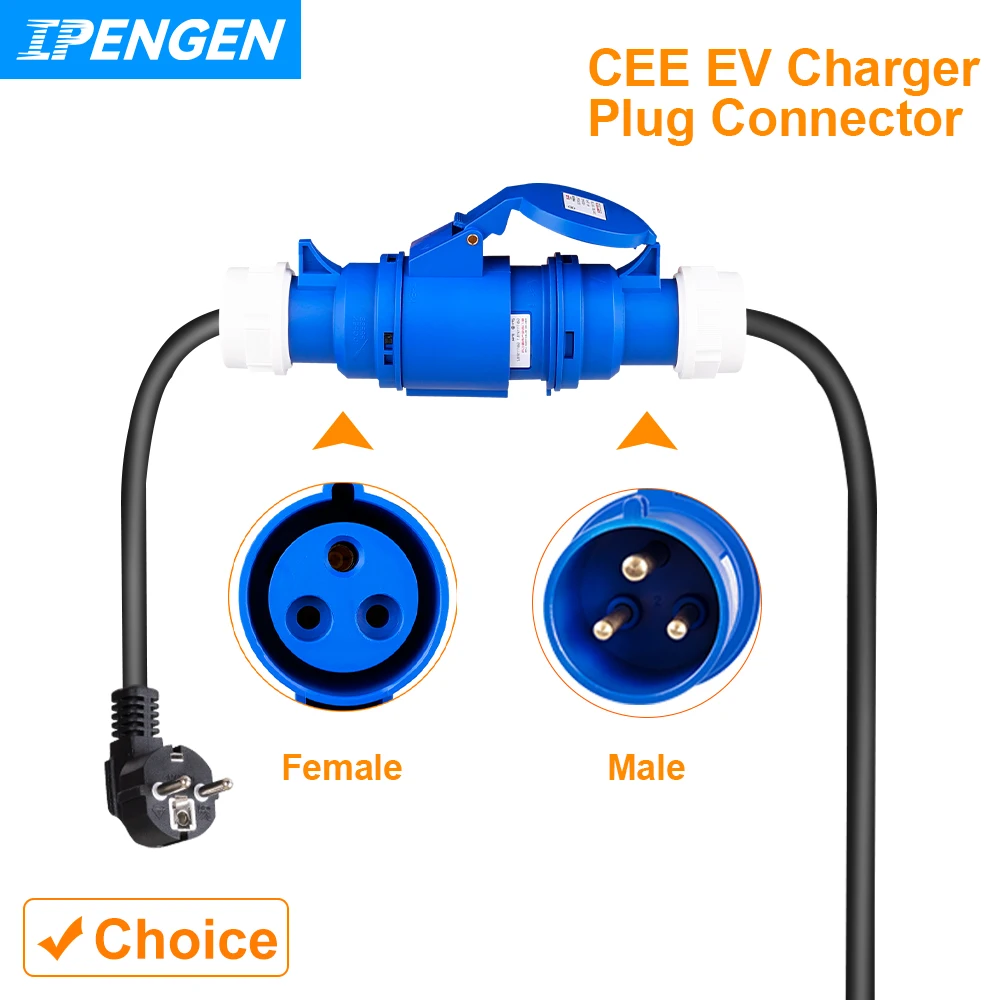 IPENGEN EV Charger CEE Female Plug 3 Pins Adapter Waterproof Connection WallMount Socket Connect with 32A 1Phase 7KW Charger