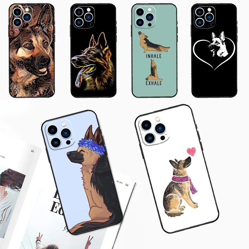 Cartoon German Shepherd Dog Phone Case For iPhone 15 16 14 13 12 11 Pro Max Plus Mini X XR XS Max 7 8 Soft TPU Cover