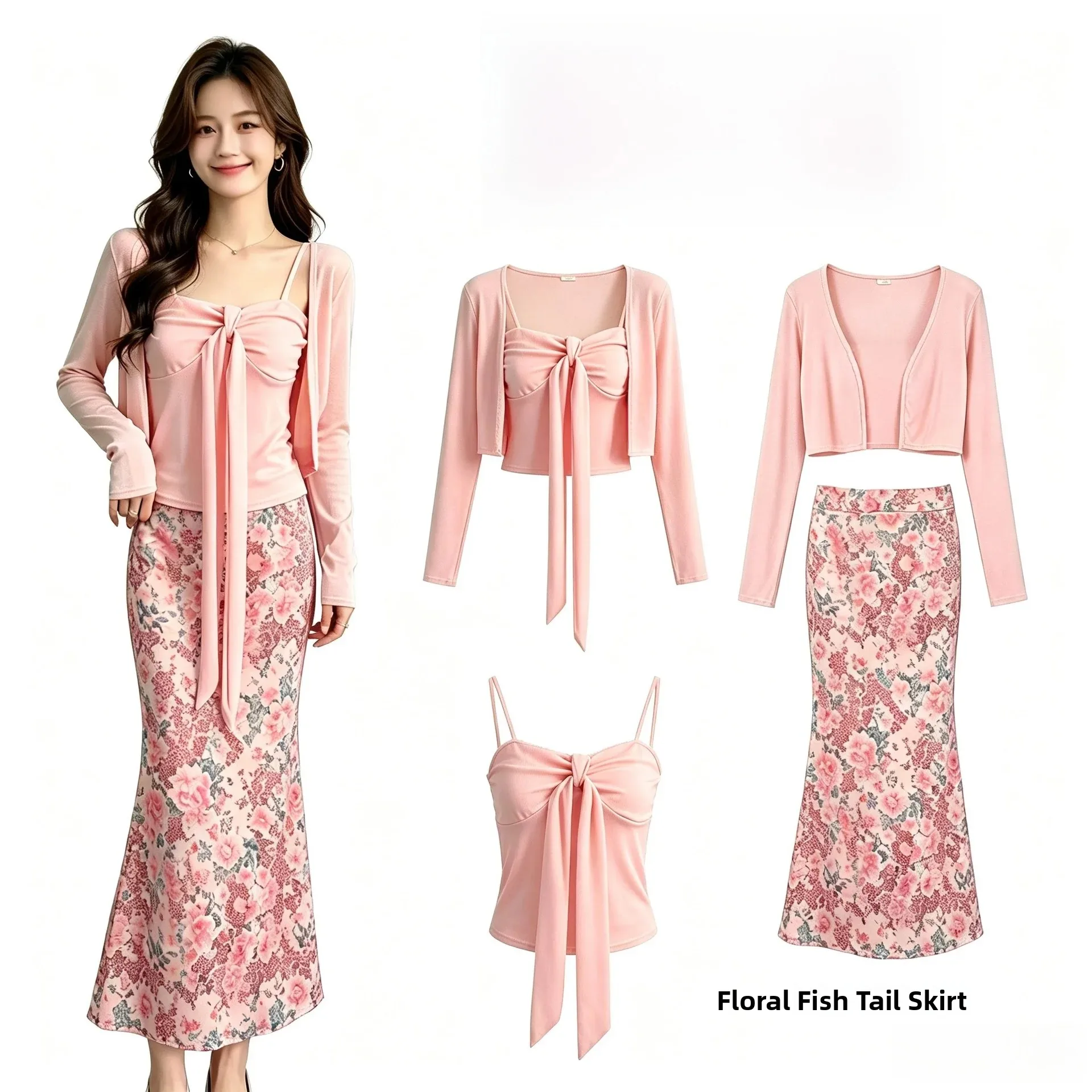 Adjustable Strap Floral Print Halter Top And Fish Tail  Skirt Women's Set Korean Style Casual Sportswear Ensemble